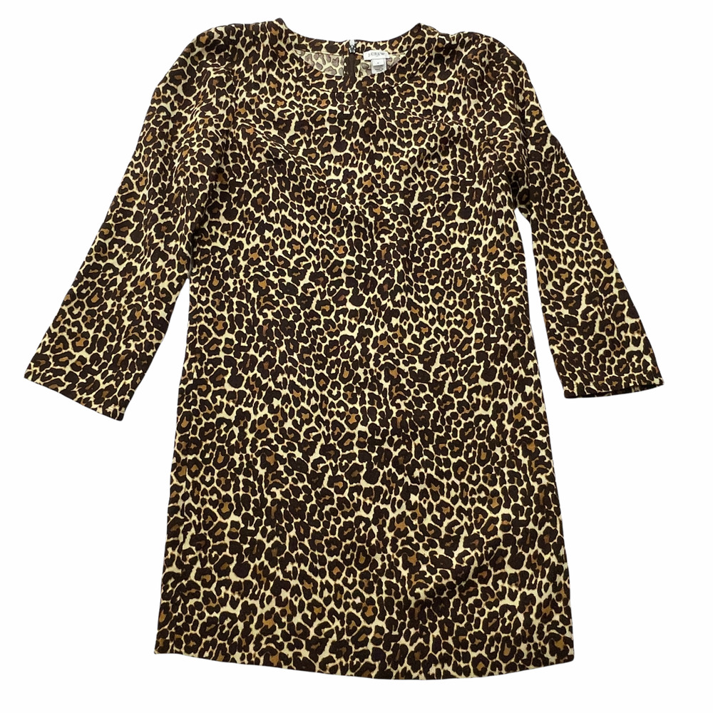 J Crew Women's Size 6 Brown Cheetah Print Round Neck Crepe Shift Dress